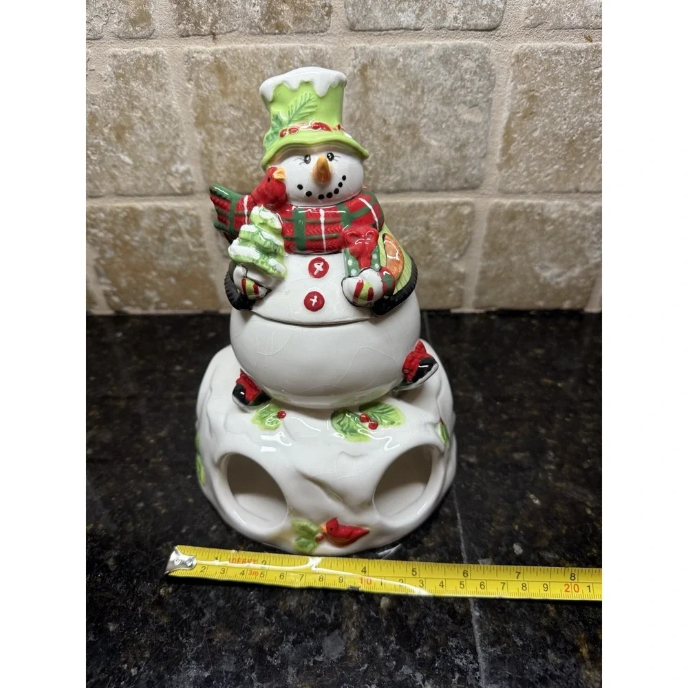 Fitz and Floyd 2013 Holly Hat Snowman Ceramic‎ Tea Light Candle Jar Warmer Rare